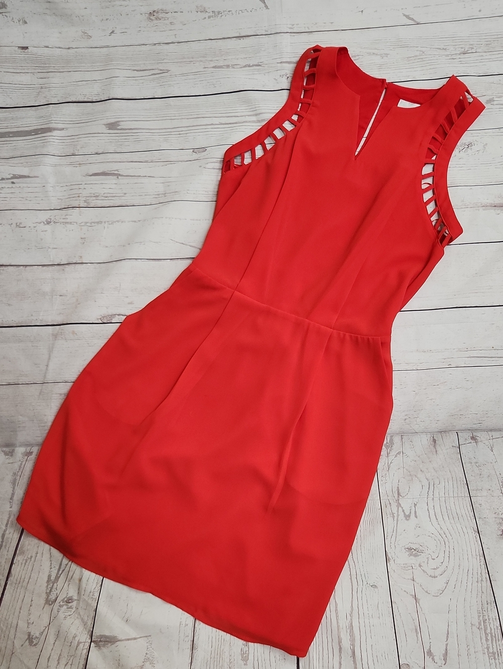 Adelyn Rae Red Sleeveless Ladder-Trim Sheath Dress